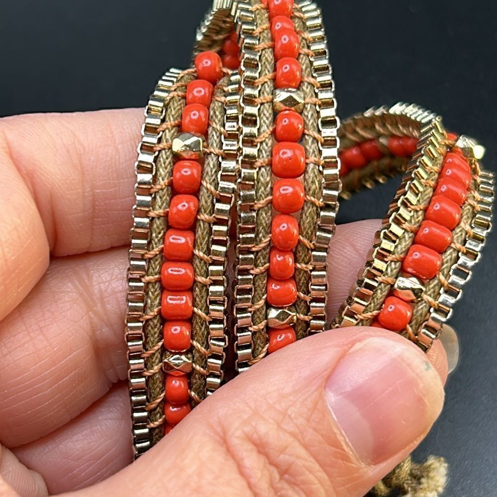 Set of‎ Two Leather Wrap Beaded Bracelets Gold Tone Turquoise & Coral - Picture 5 of 7